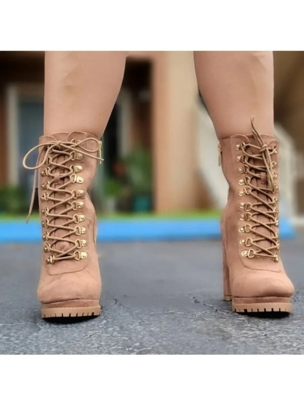 Taupe Lace up Platform Lug Sole Heeled Boots - Picture 3 of 6